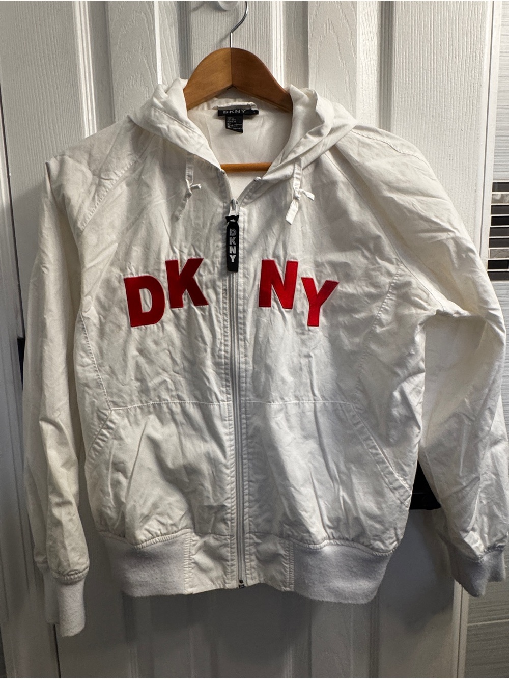 Vintage DKNY White Hooded Zip Jacket Large Red Logo